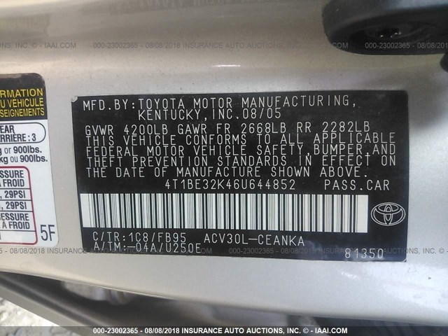 4T1BE32K46U644852 - 2006 TOYOTA CAMRY LE/XLE/SE Gümüş foto 9