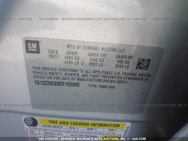 1G1ZC5EU0CF169985 - 2012 CHEVROLET MALIBU 1LT 银色 照片 9