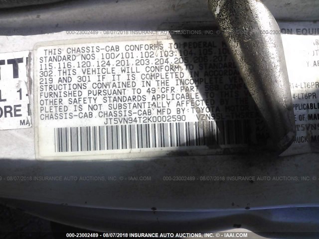 JT5VN94T2K0002590 - 1989 TOYOTA PICKUP CAB CHASSIS SUPER LONG WHEELBASE WHITE photo 9