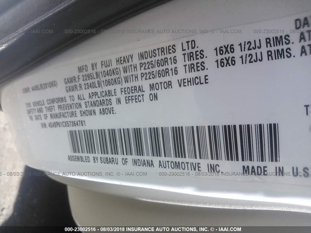 4S4BP61CX57364761 - 2005 SUBARU LEGACY OUTBACK 2.5I WHITE photo 9