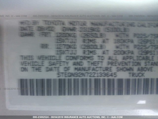 5TEGN92N72Z133645 - 2002 TOYOTA TACOMA DOUBLE CAB PRERUNNER SILVER photo 9