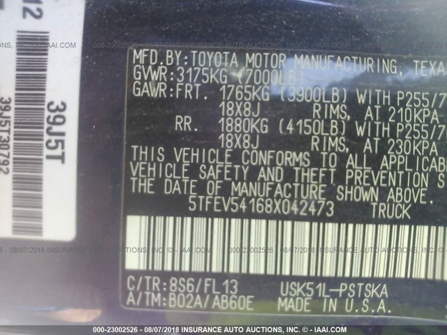 5TFEV54168X042473 - 2008 TOYOTA TUNDRA CREWMAX/CREWMAX SR5 BLUE photo 9