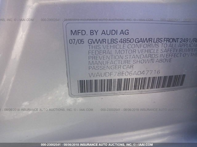 WAUDF78E06A047716 - 2006 AUDI A4 2.0T QUATTRO SILVER photo 9