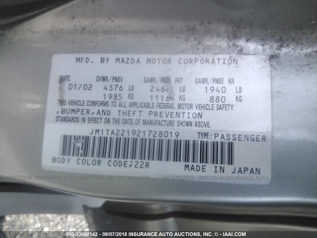 JM1TA221921728019 - 2002 MAZDA MILLENIA SILVER photo 9