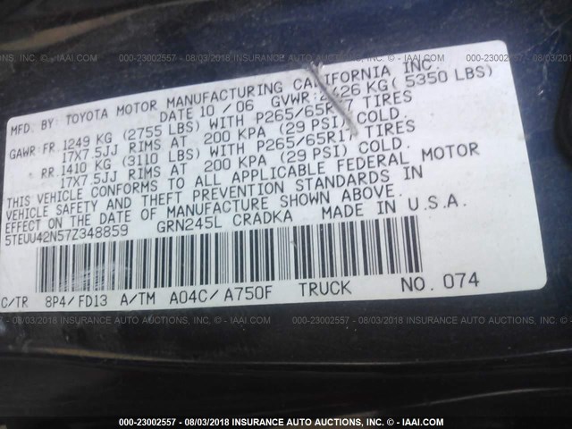 5TEUU42N57Z348859 - 2007 TOYOTA TACOMA ACCESS CAB Blau Foto 9