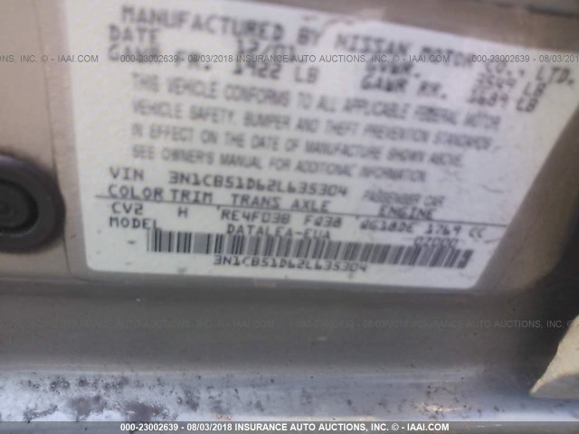 3N1CB51D62L635304 - 2002 NISSAN SENTRA XE/GXE BEIGE photo 9