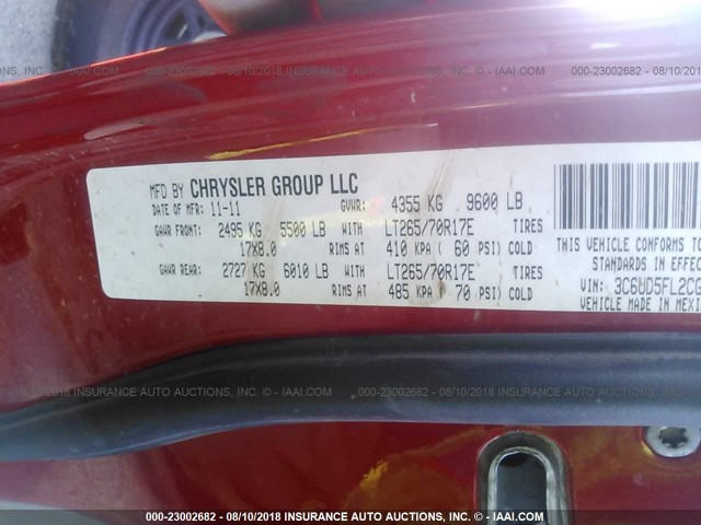 3C6UD5FL2CG151045 - 2012 DODGE RAM 2500 LARAMIE RED photo 9