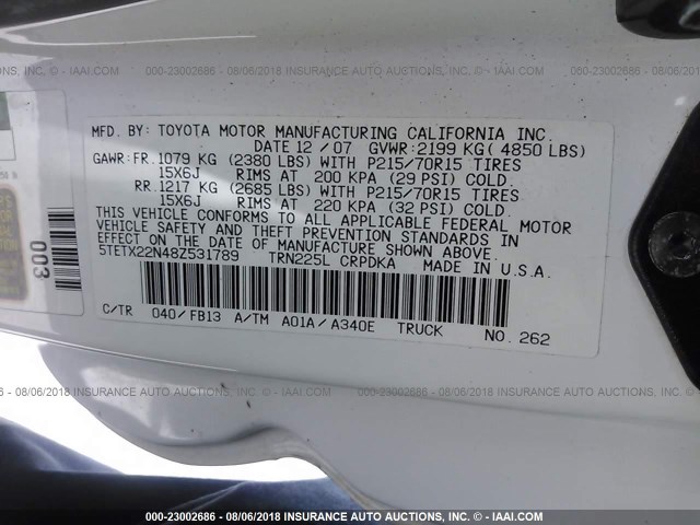 5TETX22N48Z531789 - 2008 TOYOTA TACOMA ACCESS CAB Ақ фото 9