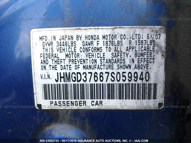 JHMGD37667S059940 - 2007 HONDA FIT S 蓝色 照片 9