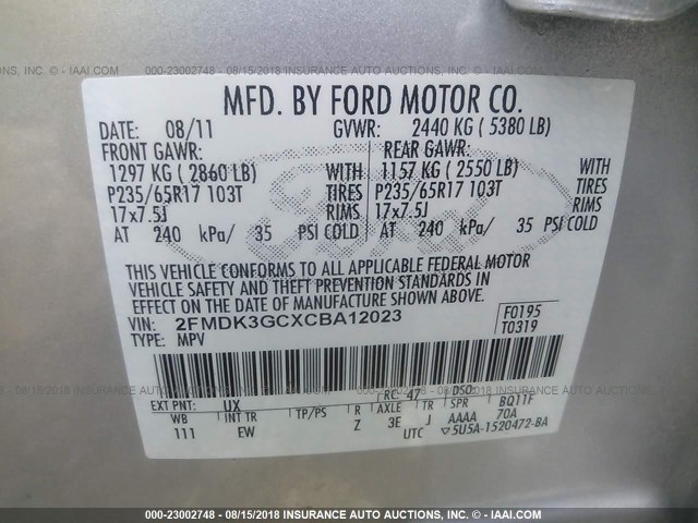 2FMDK3GCXCBA12023 - 2012 FORD EDGE SE SILVER photo 9