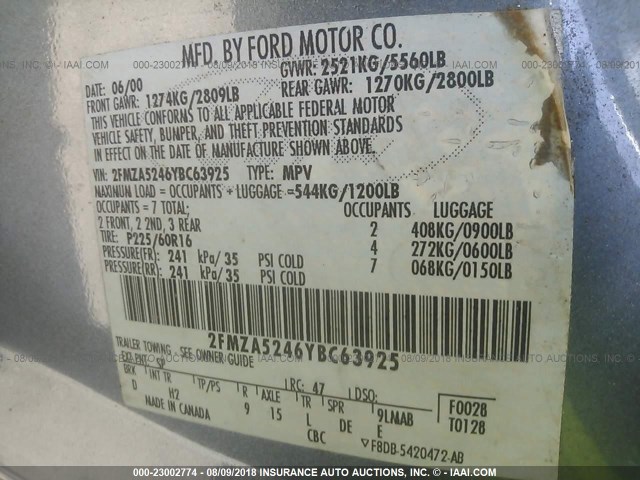 2FMZA5246YBC63925 - 2000 FORD WINDSTAR SE BLUE photo 9