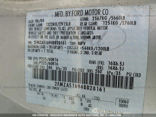 2FMZA51694BB28161 - 2004 FORD FREESTAR SE SILVER photo 9