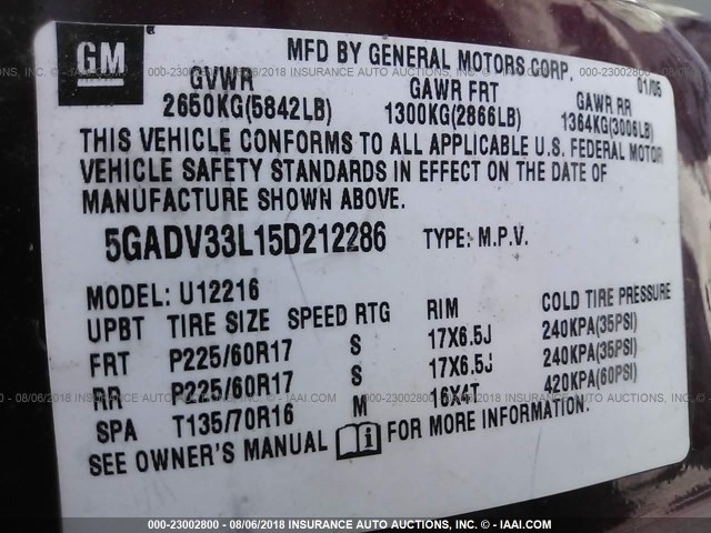 5GADV33L15D212286 - 2005 BUICK TERRAZA CXL BURGUNDY photo 9