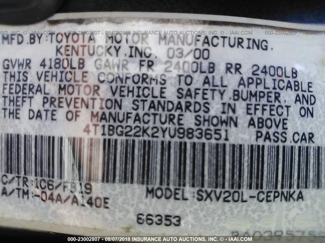 4T1BG22K2YU983651 - 2000 TOYOTA CAMRY CE/LE/XLE GRAY photo 9