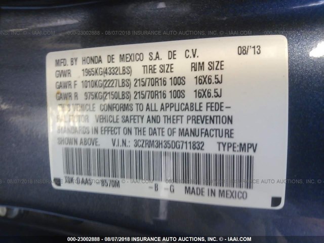 3CZRM3H35DG711832 - 2013 HONDA CR-V LX BLUE photo 9