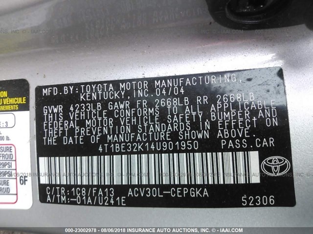 4T1BE32K14U901950 - 2004 TOYOTA CAMRY LE/XLE/SE SILVER photo 9