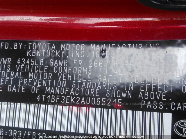 4T1BF3EK2AU065215 - 2010 TOYOTA CAMRY SE/LE/XLE 红色 照片 9