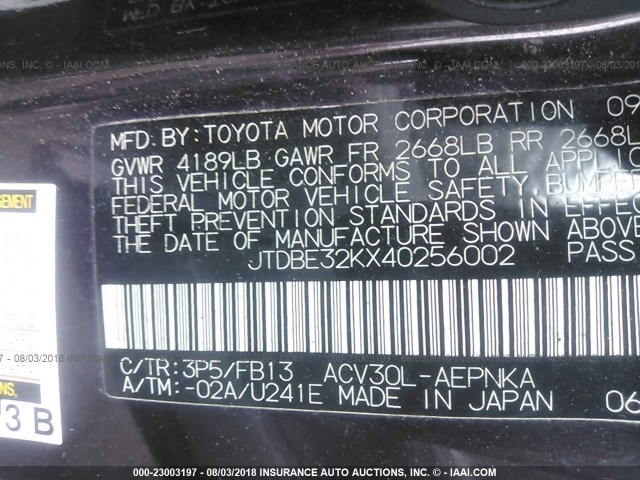 JTDBE32KX40256002 - 2004 TOYOTA CAMRY LE/XLE BLACK photo 9