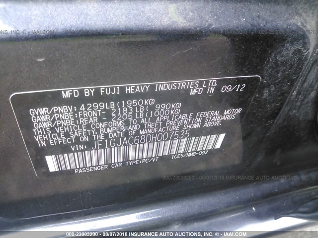 JF1GJAC68DH007535 - 2013 SUBARU IMPREZA PREMIUM GRAY photo 9