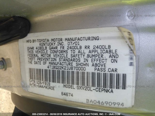 4T1BG22K21U870000 - 2001 TOYOTA CAMRY CE/LE/XLE 银色 照片 9