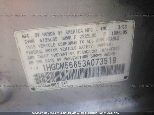 1HGCM56653A073519 - 2003 HONDA ACCORD EX SILVER photo 9