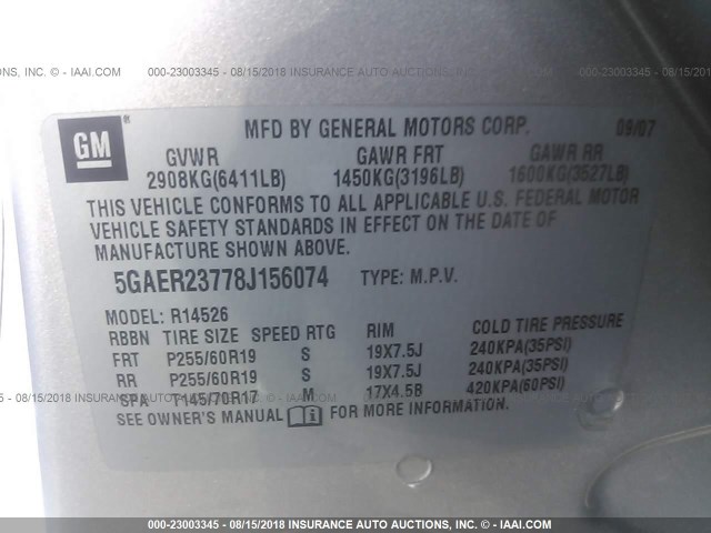 5GAER23778J156074 - 2008 BUICK ENCLAVE CXL Argent photo 9