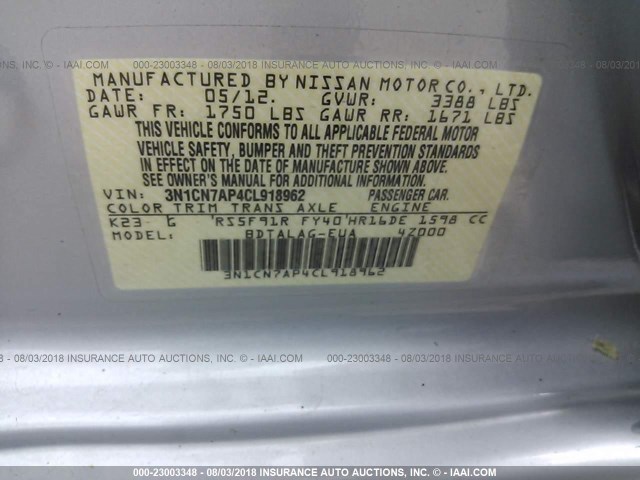 3N1CN7AP4CL918962 - 2012 NISSAN VERSA S/SV/SL GRAY photo 9