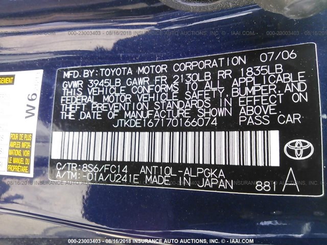 JTKDE167170166074 - 2007 TOYOTA SCION TC 蓝色 照片 9