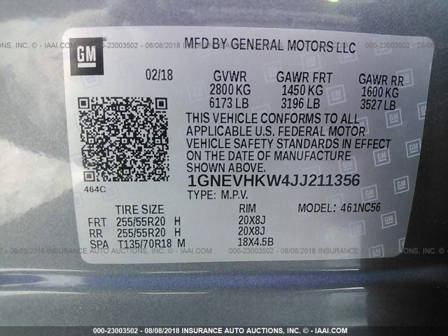 1GNEVHKW4JJ211356 - 2018 CHEVROLET TRAVERSE LT GRAY photo 9