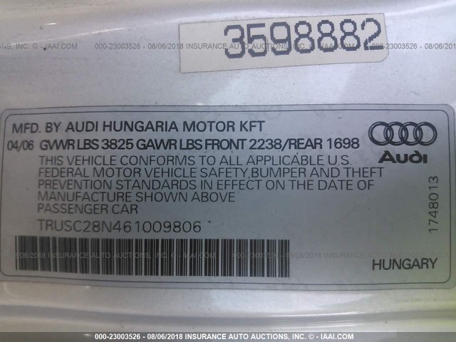 TRUSC28N461009806 - 2006 AUDI TT SILVER photo 9