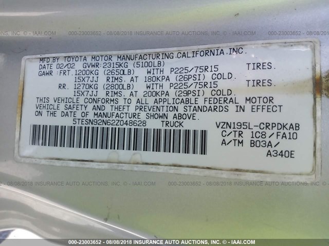 5TESN92N62Z048628 - 2002 TOYOTA TACOMA XTRACAB PRERUNNER ვერცხლისფერი ფოტო 9