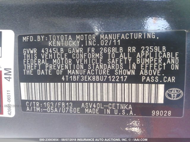 4T1BF3EK8BU712217 - 2011 TOYOTA CAMRY SE/LE/XLE 灰色 照片 9