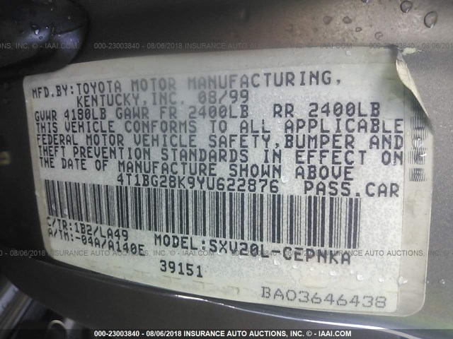 4T1BG28K9YU622876 - 2000 TOYOTA CAMRY CE/LE/XLE ნაცრისფერი ფოტო 9