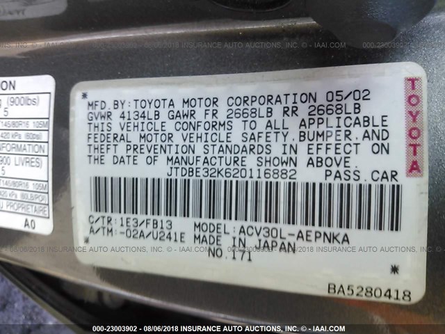 JTDBE32K620116882 - 2002 TOYOTA CAMRY LE/XLE/SE 灰色 照片 9