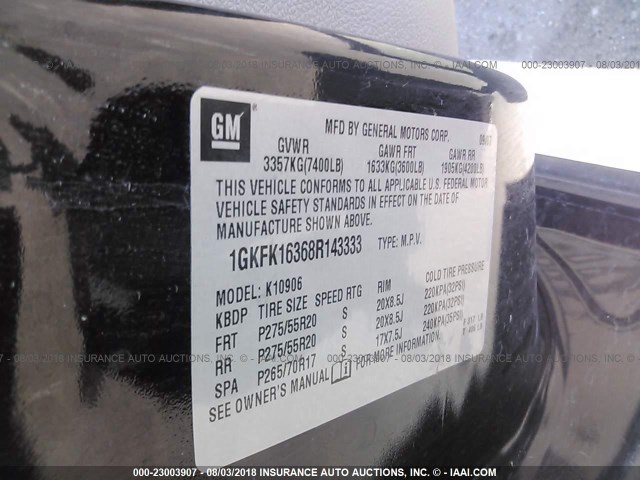 1GKFK16368R143333 - 2008 GMC YUKON XL K1500 BLACK photo 9