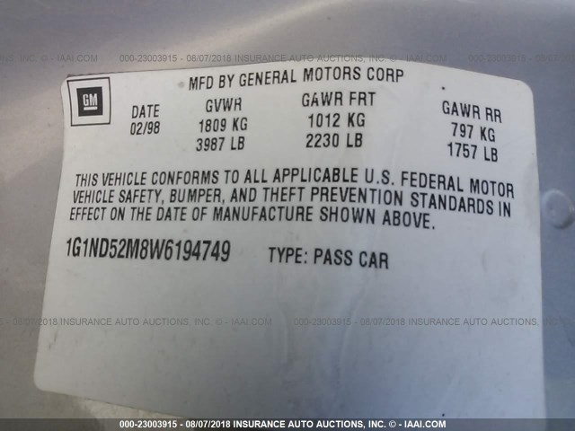 1G1ND52M8W6194749 - 1998 CHEVROLET MALIBU SILVER photo 9