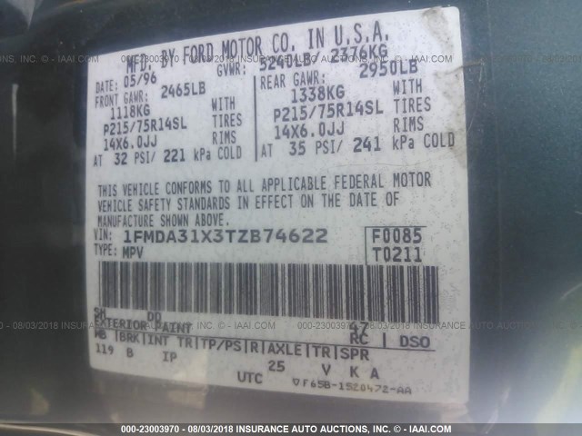 1FMDA31X3TZB74622 - 1996 FORD AEROSTAR GREEN photo 9