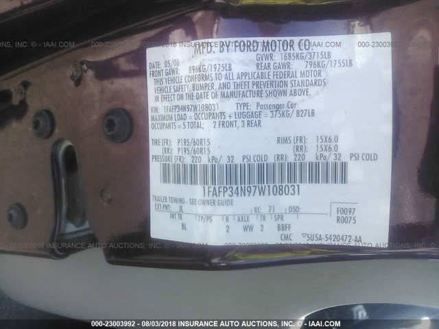 1FAFP34N97W108031 - 2007 FORD FOCUS ZX4/S/SE/SES MAROON photo 9