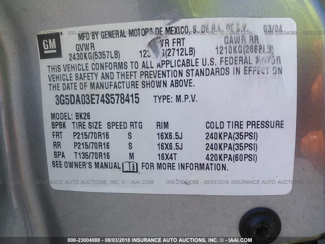 3G5DA03E74S578415 - 2004 BUICK RENDEZVOUS CX/CXL GRAY photo 9