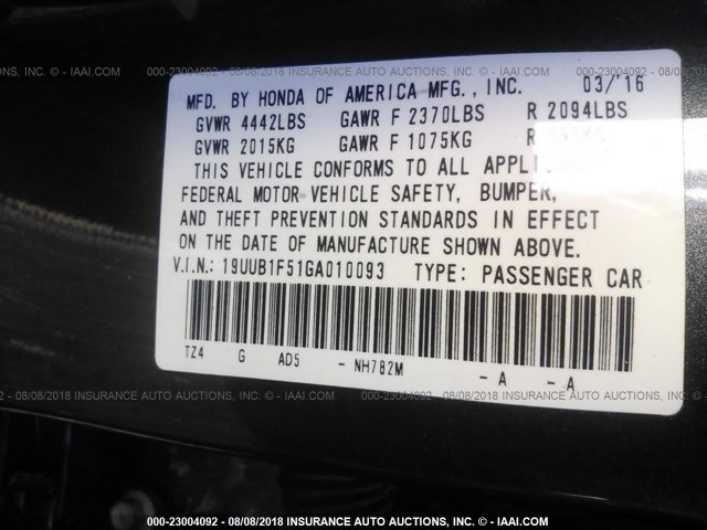19UUB1F51GA010093 - 2016 ACURA TLX TECH GRAY photo 9