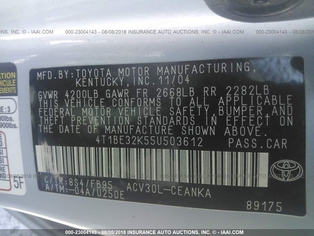 4T1BE32K55U503612 - 2005 TOYOTA CAMRY LE/XLE/SE Mavi foto 9