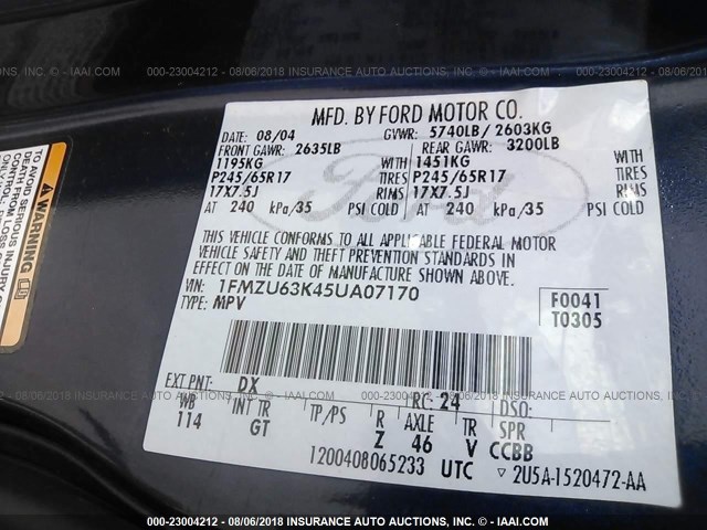 1FMZU63K45UA07170 - 2005 FORD EXPLORER XLT/XLT SPORT/NBX 蓝色 照片 9