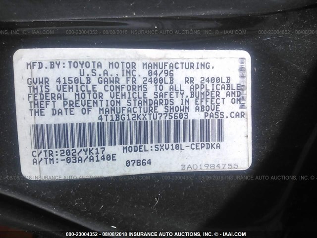 4T1BG12KXTU775603 - 1996 TOYOTA CAMRY DX/LE/XLE BLACK photo 9