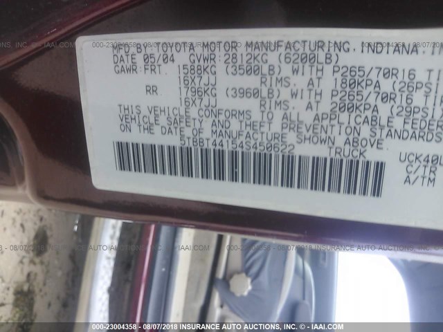 5TBBT44154S450622 - 2004 TOYOTA TUNDRA ACCESS CAB SR5 MAROON photo 9