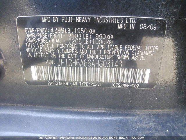 JF1GH6A66AH803143 - 2010 SUBARU IMPREZA 2.5I GRAY photo 9