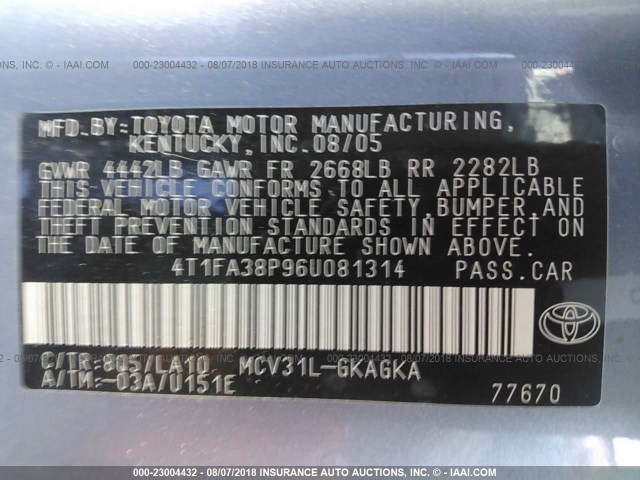 4T1FA38P96U081314 - 2006 TOYOTA CAMRY SOLARA SE/SLE Mavi foto 9