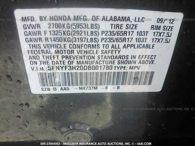 5FNYF3H20DB001780 - 2013 HONDA PILOT LX GRAY photo 9