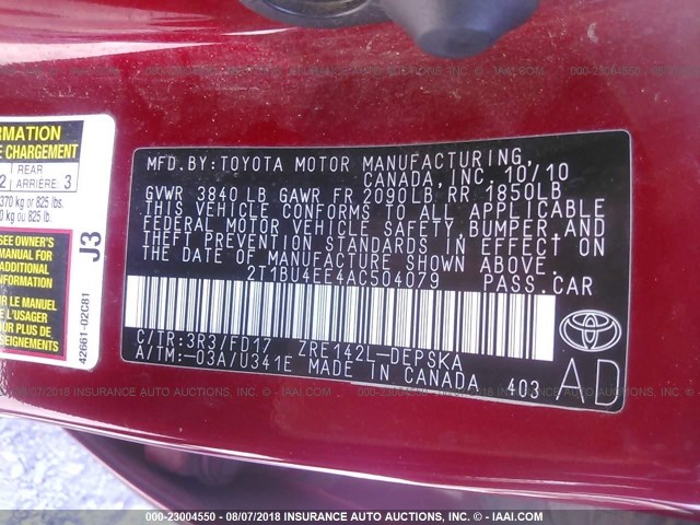 2T1BU4EE4AC504079 - 2010 TOYOTA COROLLA S/LE/XLE RED photo 9