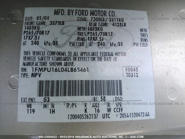 1FMPU16L04LB65461 - 2004 FORD EXPEDITION XLT GOLD photo 9