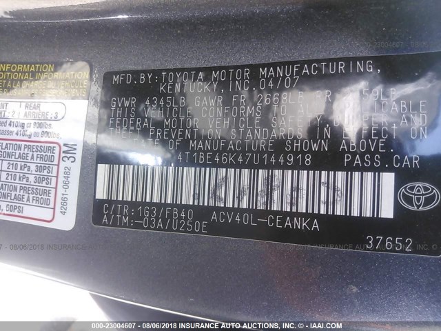 4T1BE46K47U144918 - 2007 TOYOTA CAMRY NEW GENERAT CE/LE/XLE/SE GRAY photo 9